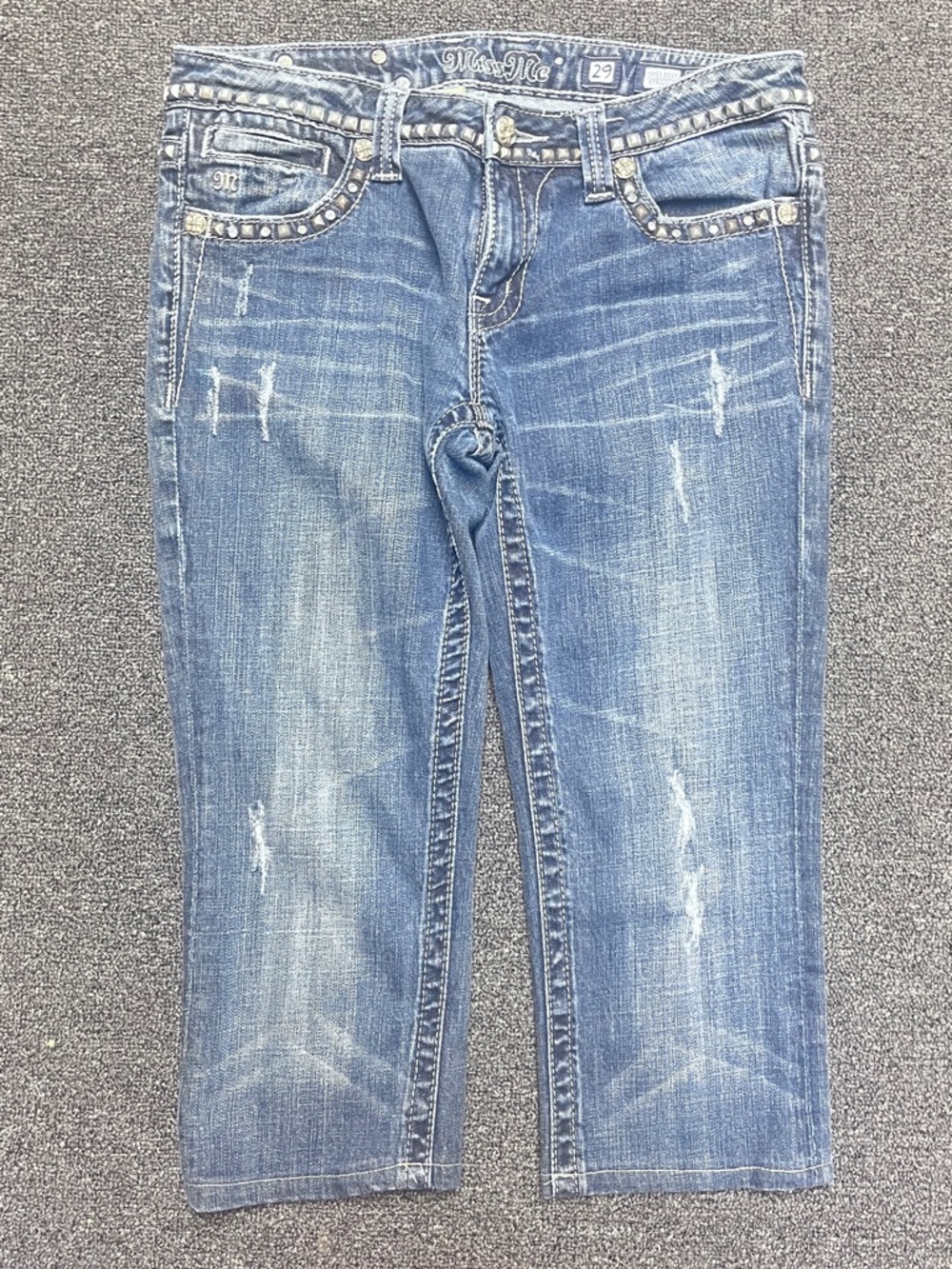 Miss Me Studded Distressed Ankle Jeans - Blue Wash